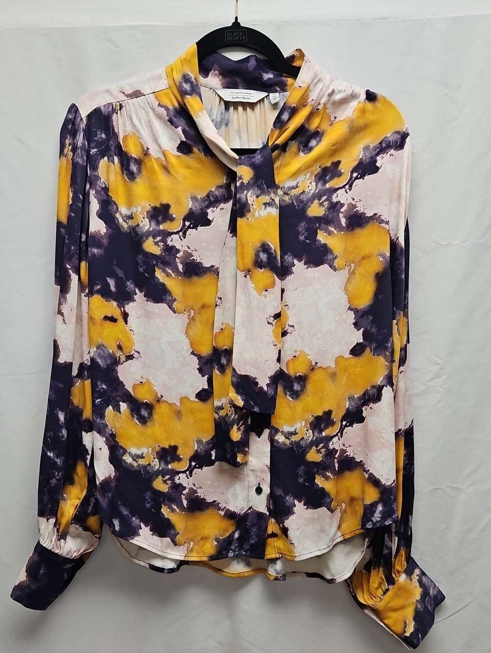 & Other Stories Abstract Print Tie Neck Blouse Purple Yellow Long Sleeve 8